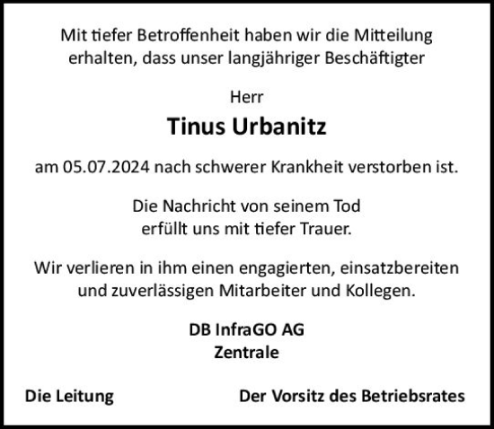 Traueranzeige von Tinus Urbanitz von Allgemeine Zeitung Mainz