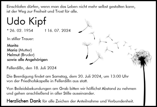 Traueranzeige von Udo Kipf von Dill Block