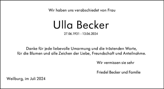 Traueranzeige von Ulla Becker von Weilburger Tageblatt