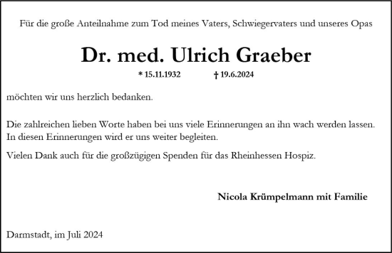 Traueranzeige von Ulrich Graeber von Allgemeine Zeitung Alzey