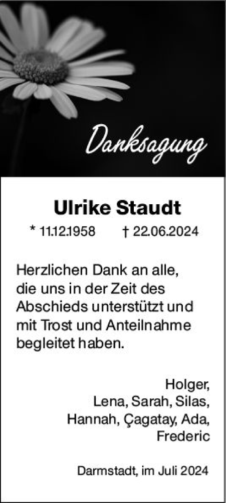 Traueranzeige von Ulrike Staudt von Darmstädter Echo