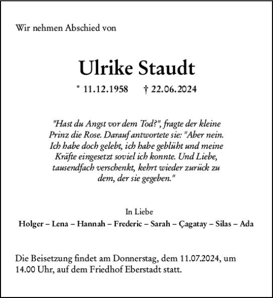 Traueranzeige von Ulrike Staudt von Darmstädter Echo