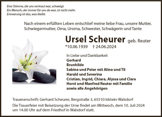 Traueranzeige von Ursel Scheurer von Camberger Anzeiger