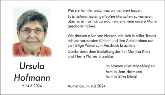 Traueranzeige von Ursula Hofmann von Weilburger Tageblatt