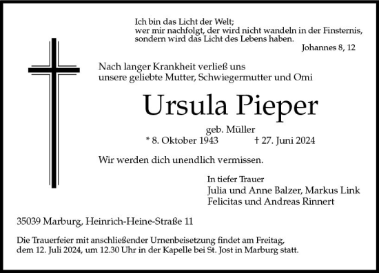 Traueranzeige von Ursula Pieper von Hinterländer Anzeiger