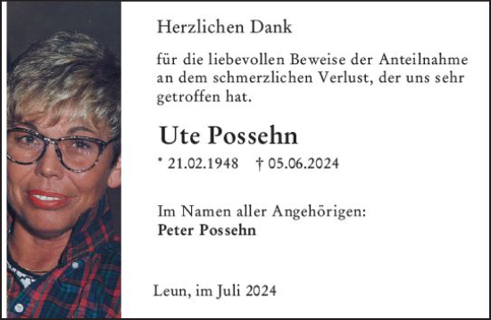 Traueranzeige von ute Possehn von Wetzlarer Neue Zeitung