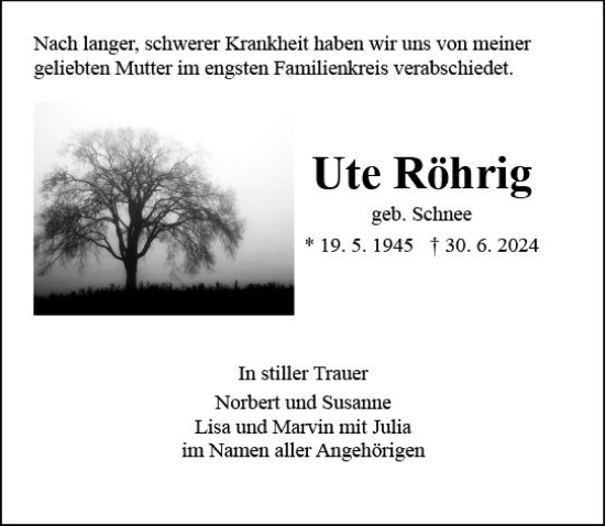 Traueranzeige von Ute Röhrig von Allgemeine Zeitung Mainz