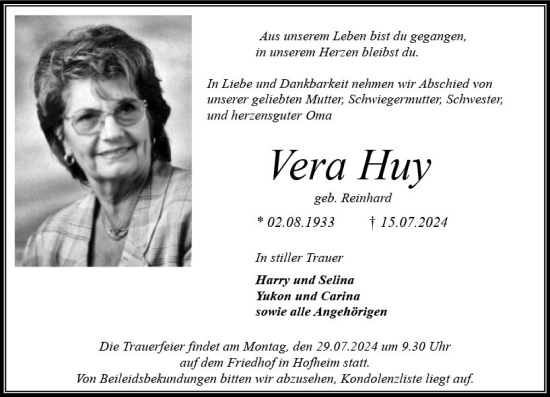 Traueranzeige von Vera Huy von Wormser Zeitung