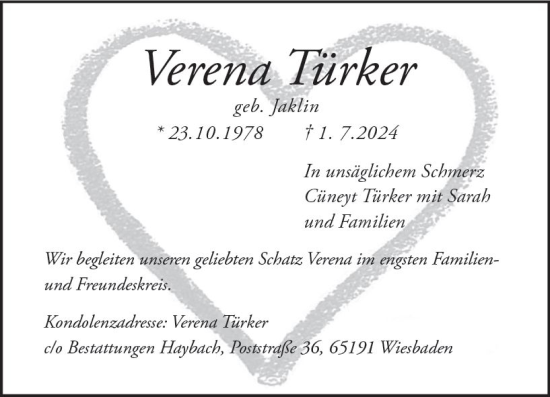 Traueranzeige von Verena Türker von Wiesbadener Kurier