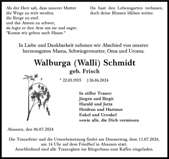 Traueranzeige von Walburga  Schmidt von Weilburger Tageblatt