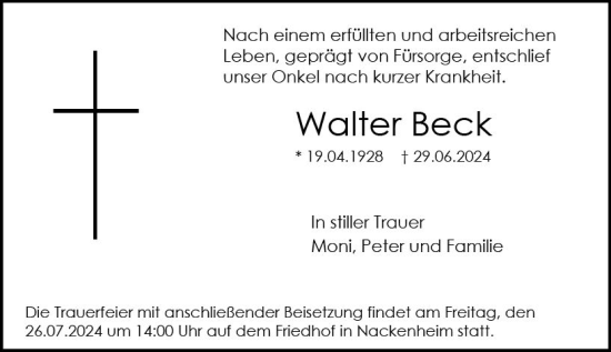 Traueranzeige von Walter Beck von Allgemeine Zeitung Mainz