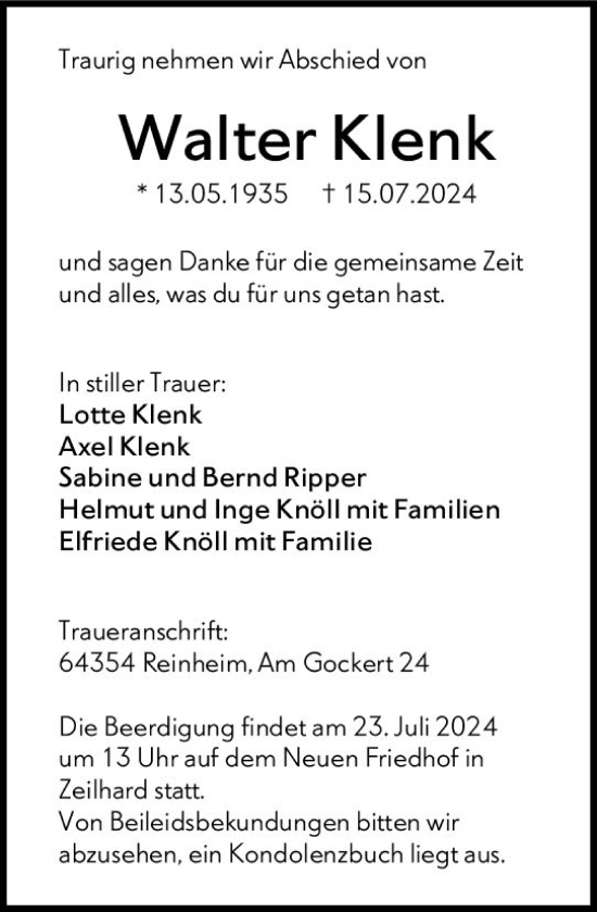 Traueranzeige von Walter Klenk von Darmstädter Echo
