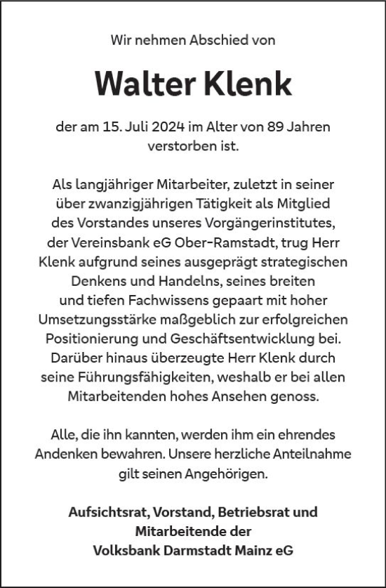 Traueranzeige von Walter Klenk von Darmstädter Echo