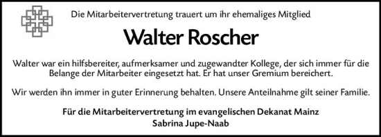Traueranzeige von Walter Roscher von Allgemeine Zeitung Mainz