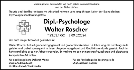 Traueranzeige von Walter Roscher von Allgemeine Zeitung Mainz