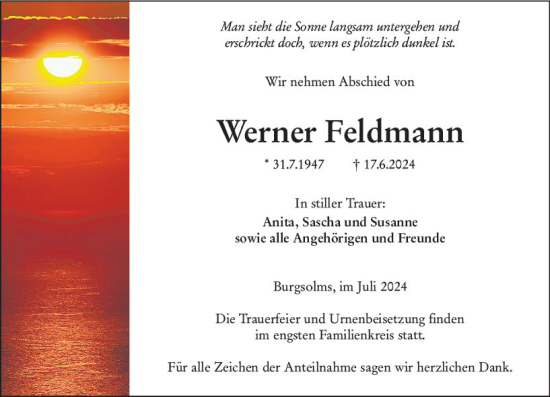 Traueranzeige von Werner Feldmann von Wetzlarer Neue Zeitung