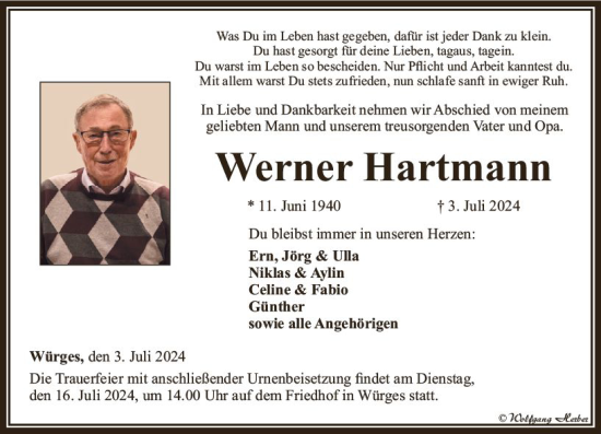 Traueranzeige von Werner Hartmann von Camberger Anzeiger
