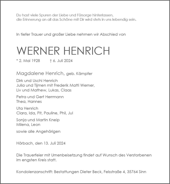 Traueranzeige von Werner Henrich von Weilburger Tageblatt