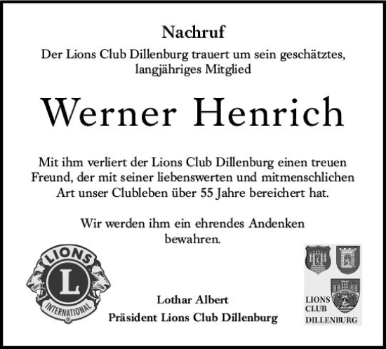 Traueranzeige von Werner Henrich von Dill Block