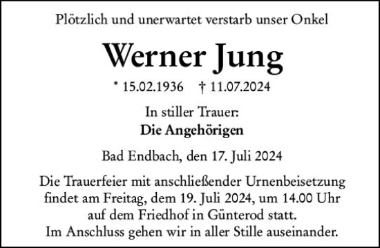 Traueranzeige von Werner Jung von Hinterländer Anzeiger