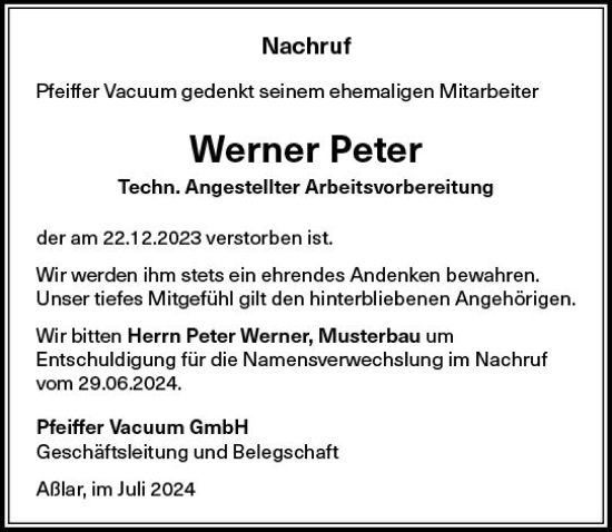 Traueranzeige von Werner Peter von Wetzlarer Neue Zeitung