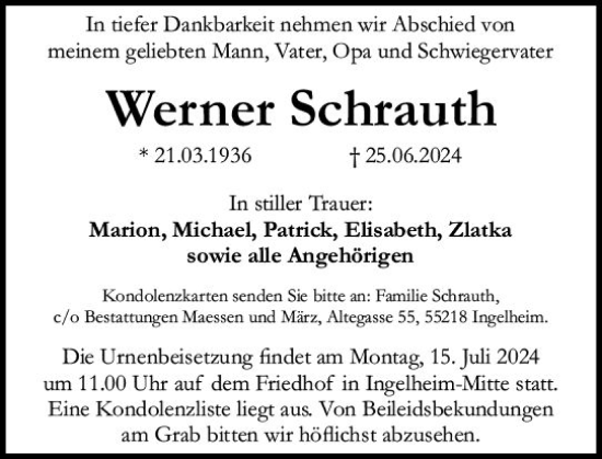 Traueranzeige von Werner Schrauth von Allgemeine Zeitung Rheinhessen-Nahe