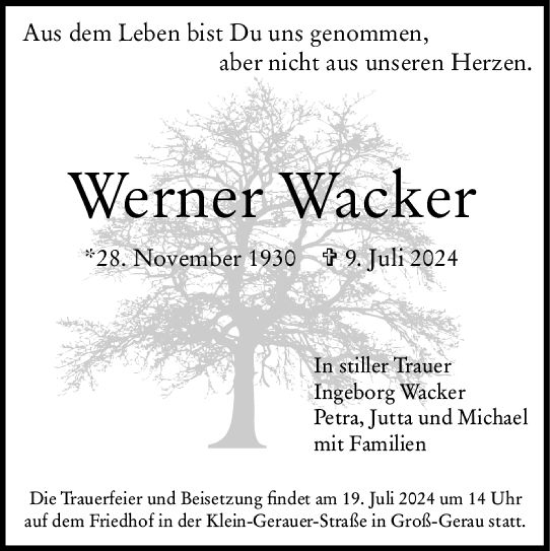 Traueranzeige von Werner Wacker von Groß-Gerauer Echo