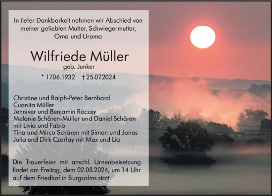 Traueranzeige von Wilfriede Müller von Wetzlarer Neue Zeitung