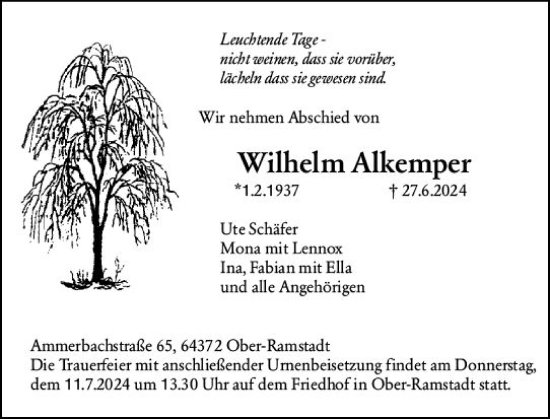 Traueranzeige von Wilhelm Alkemper von Darmstädter Echo