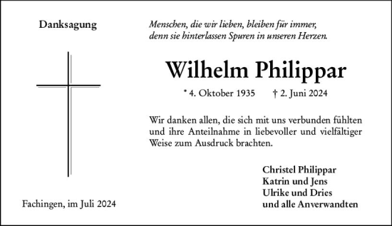 Traueranzeige von Wilhelm Philippar von Nassauische Neue Presse