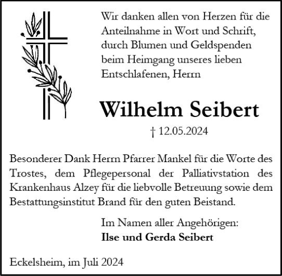 Traueranzeige von Wilhelm Seibert von Allgemeine Zeitung Alzey