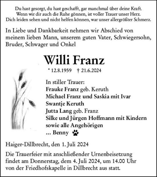 Traueranzeige von Willi Franz von Dill Block