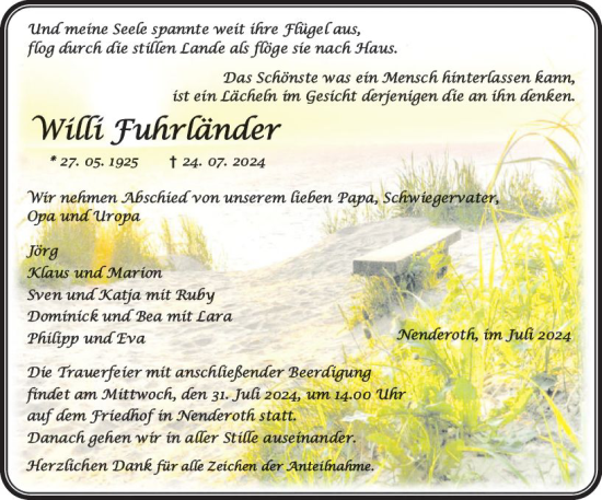 Traueranzeige von Willi Fuhrländer von Dill Block