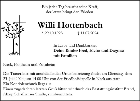 Traueranzeige von Willi Hottenbach von Allgemeine Zeitung Alzey