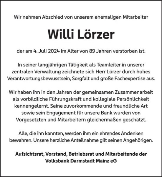 Traueranzeige von Willi Lörzer von Darmstädter Echo