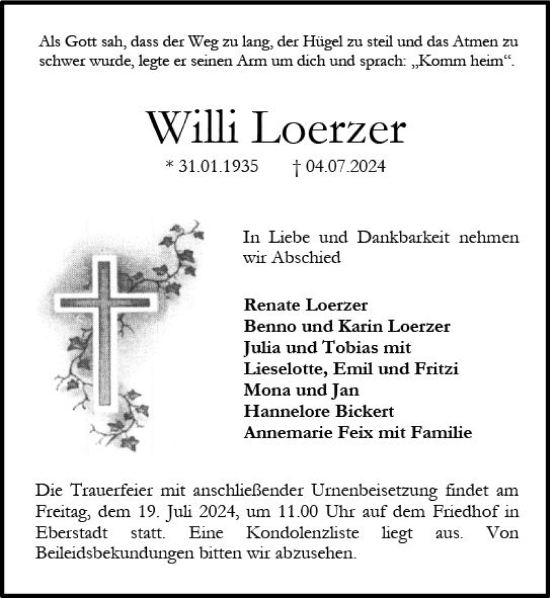 Traueranzeige von Willi Loerzer von Darmstädter Echo