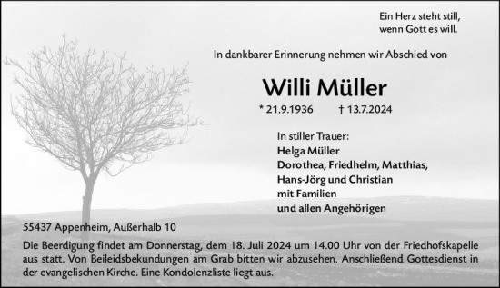 Traueranzeige von Willi Müller von Allgemeine Zeitung Rheinhessen-Nahe
