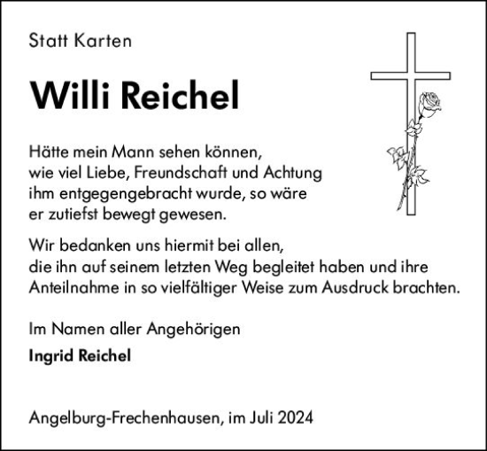 Traueranzeige von Willi Reichel von Hinterländer Anzeiger