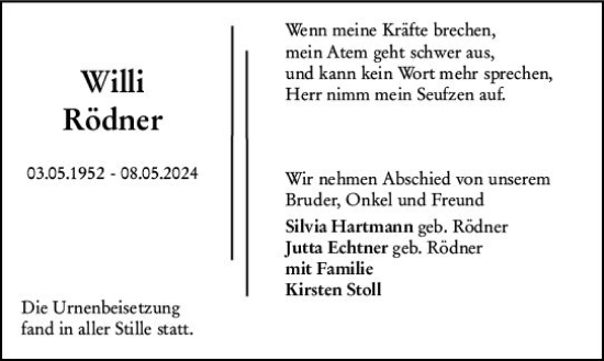 Traueranzeige von Willi Rödner von Groß-Gerauer Echo