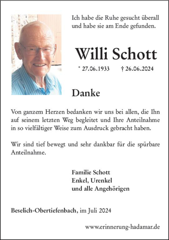 Traueranzeige von Willi Schott von Nassauische Neue Presse