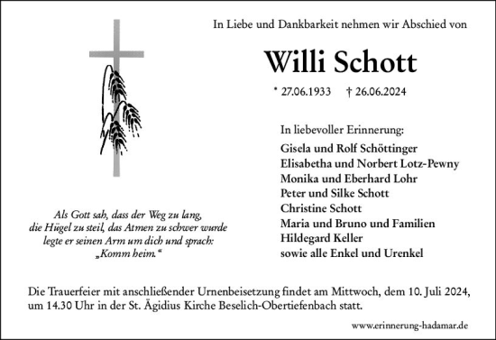 Traueranzeige von Willi Schott von Nassauische Neue Presse