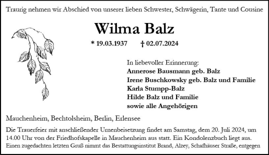 Traueranzeige von Wilma Balz von Allgemeine Zeitung Alzey