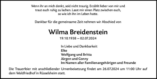 Traueranzeige von Wilma Breidenstein von Rüsselsheimer Echo