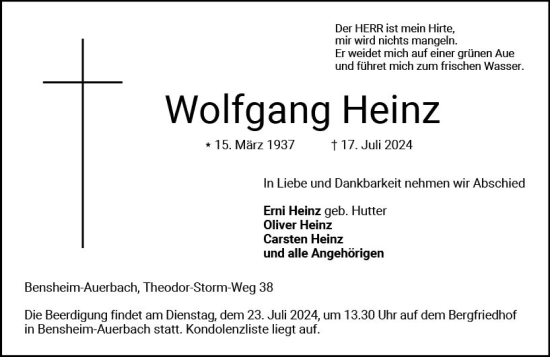 Traueranzeige von Wolfgang Heinz von Darmstädter Echo