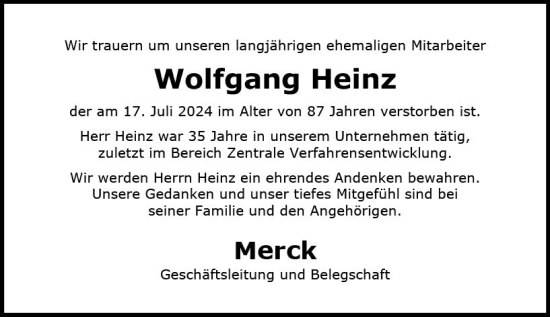 Traueranzeige von Wolfgang Heinz von Darmstädter Echo