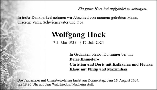 Traueranzeige von Wolfgang Hock von Rüsselsheimer Echo