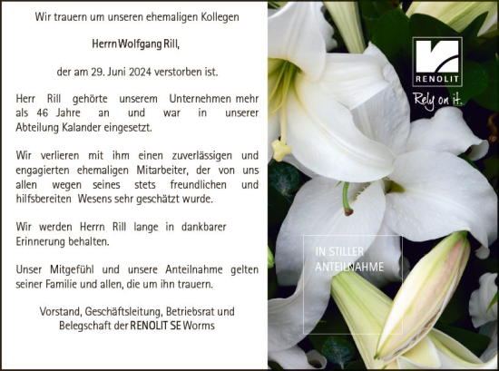 Traueranzeige von Wolfgang Rill von Wormser Zeitung