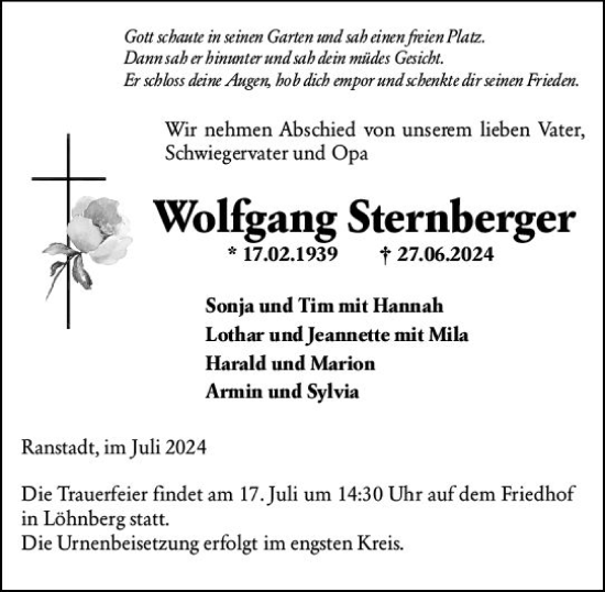 Traueranzeige von Wolfgang Sternberger von Weilburger Tageblatt