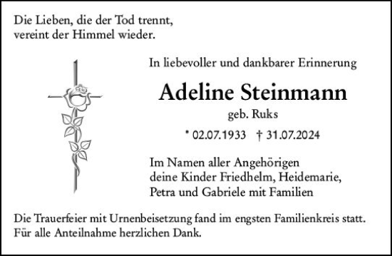 Traueranzeige von Adeline Steinmann von Darmstädter Echo