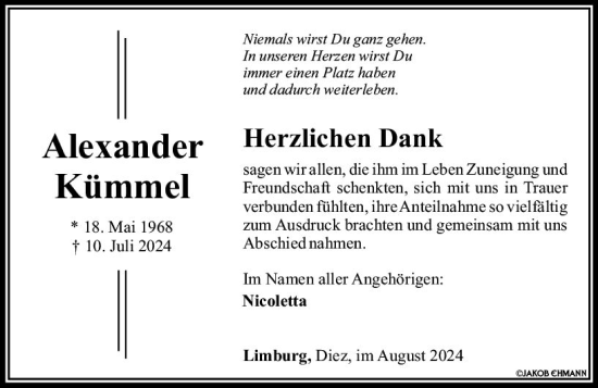Traueranzeige von Alexander Kümmel von Nassauische Neue Presse